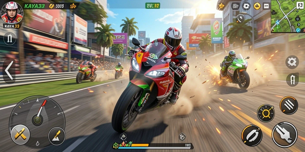 Screenshot KAYA33 menampilkan aksi balapan motor yang intens dan seru.