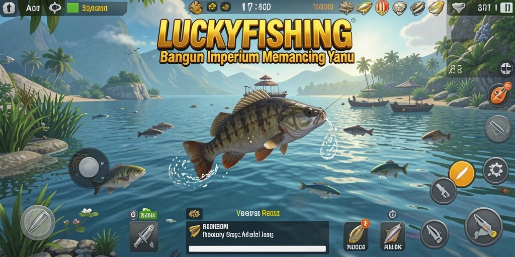 Screenshot gameplay LUCKYFISHING menampilkan aksi memancing yang seru.