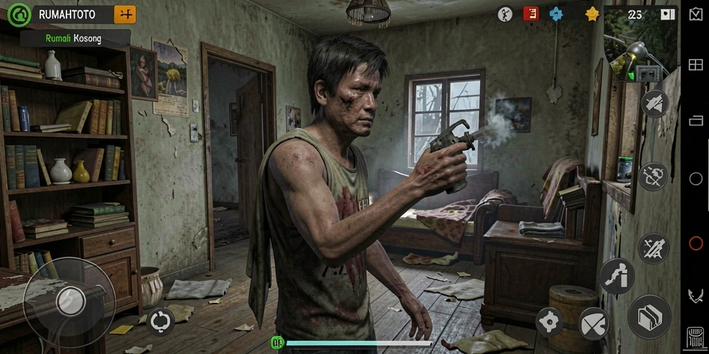 Gameplay RUMAHTOTO yang menampilkan suasana menyeramkan dan misterius.
